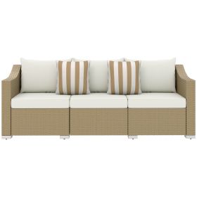 Outsunny Rattan Wicker 3 Seater Patio Couch with Cushions, 2 Throw Pillows, Outdoor Furniture Rattan Sofa, Cream White