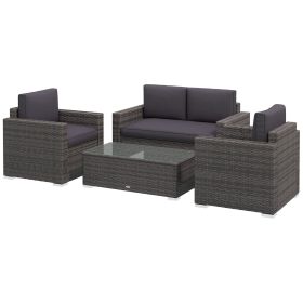 Outsunny 4 Pieces Rattan Sofa Set Wicker Patio Sofa Set with Loveseat Chairs Glass Top Coffee Table for Garden Outdoor Gray