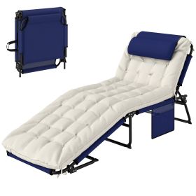 Outsunny Folding Chaise Lounge Pool Chair with 4-level Reclining Back, Cushion, Side Pocket, Headrest, Navy Blue