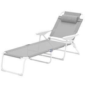 Outsunny Folding Chaise Lounge, Outdoor Sun Tanning Chair, 4-Position Reclining Back, Armrests, Removable Pillow, Light Gray