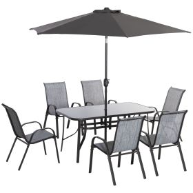 Outsunny 8 Pieces Outdoor Dining Table and Chairs, with Adjustable Table Umbrella, Fast-Drying Fabric, 6 Chairs and Dining Table, Grey