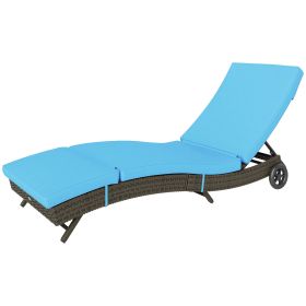 Outsunny Patio Wicker Chaise Lounge Chair, Outdoor PE Rattan Sun lounger with Adjustable Backrest and 2 Wheels, Sky Blue
