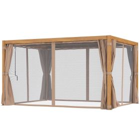 Outsunny 10' x 13' Outdoor Retractable Pergola w/ Sun Shade Louvered Top, Pergola w/ Canopy, Curtains, Netting, Natural Wood