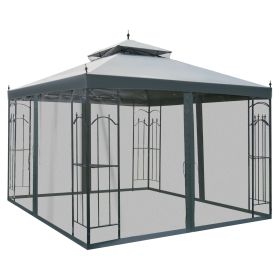 Outsunny 10x10 Steel Patio Gazebo Canopy Grey with Mesh Curtains Shelves