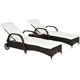 Outsunny 3-Piece Wicker Lounge Chair Set, Outdoor Loungers with Armrests, Cushion & Headrest, Side Table & Wheels, Brown