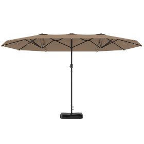 Outsunny Garden Parasol 14.4 ft. Double-Sided Sun Umbrella with Base, Patio Parasol with LED Solar Lights, Khaki
