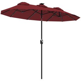Outsunny Double-sided Patio Umbrella, 9.7' Outdoor Umbrella with Tilt and Crank, LED Solar Light and 12 Ribs, Wine Red