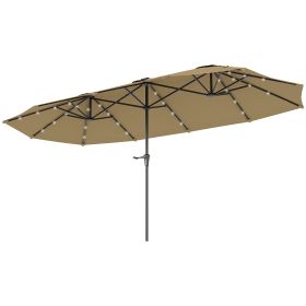 Outsunny 13ft Double-Sided Market Umbrella, Large Patio Umbrella with Solar Lights, Crank Handle for Garden, Pool, Yard, Khaki