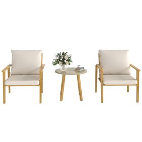 Outsunny 3 Piece Outdoor Bistro Set, Wood Effect Metal Patio Set with Wide & Deep Chairs, Round Table and Cushions, Cream White