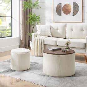 2-Piece Set Round Chenille Storage Ottoman, Equipped with a Drum Shaped Small Stool, Storage Space