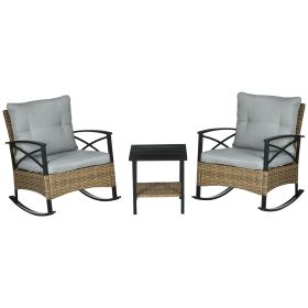 Outsunny Rocking Bistro Set 3PC Wicker Outdoor Furniture with Rocker Chairs Cushions Coffee Table Light Grey